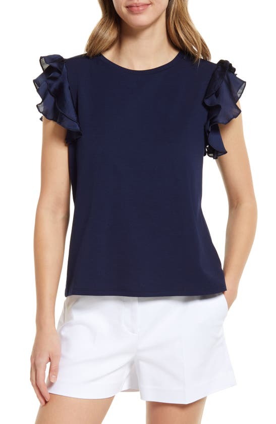 Vince Camuto Tiered Ruffle Sleeve Cotton Blend Top In Classic Navy