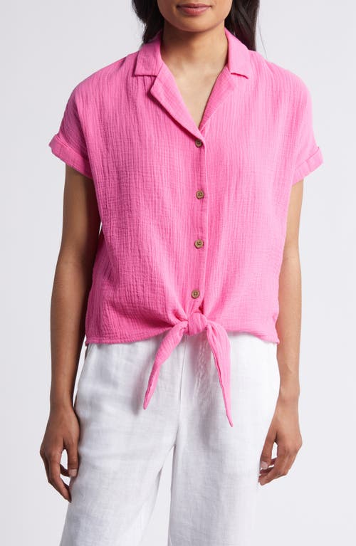 Shop Beachlunchlounge Rain Tie Front Short Sleeve Cotton Gauze Button-up Shirt In Rose Bloom