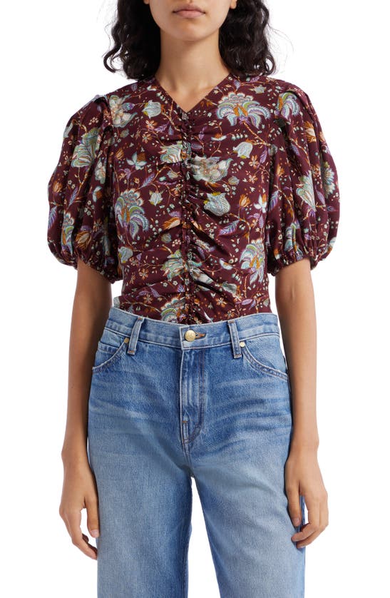 Shop Ulla Johnson Elisa Ruched Puff Sleeve Silk Blouse In Heliotrope
