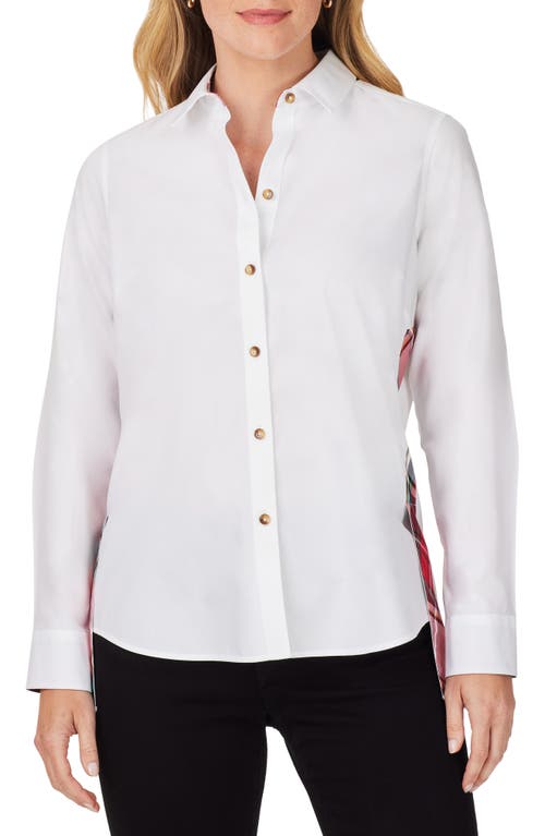 Foxcroft Bennet Plaid Trim Cotton Button-Up Shirt in White