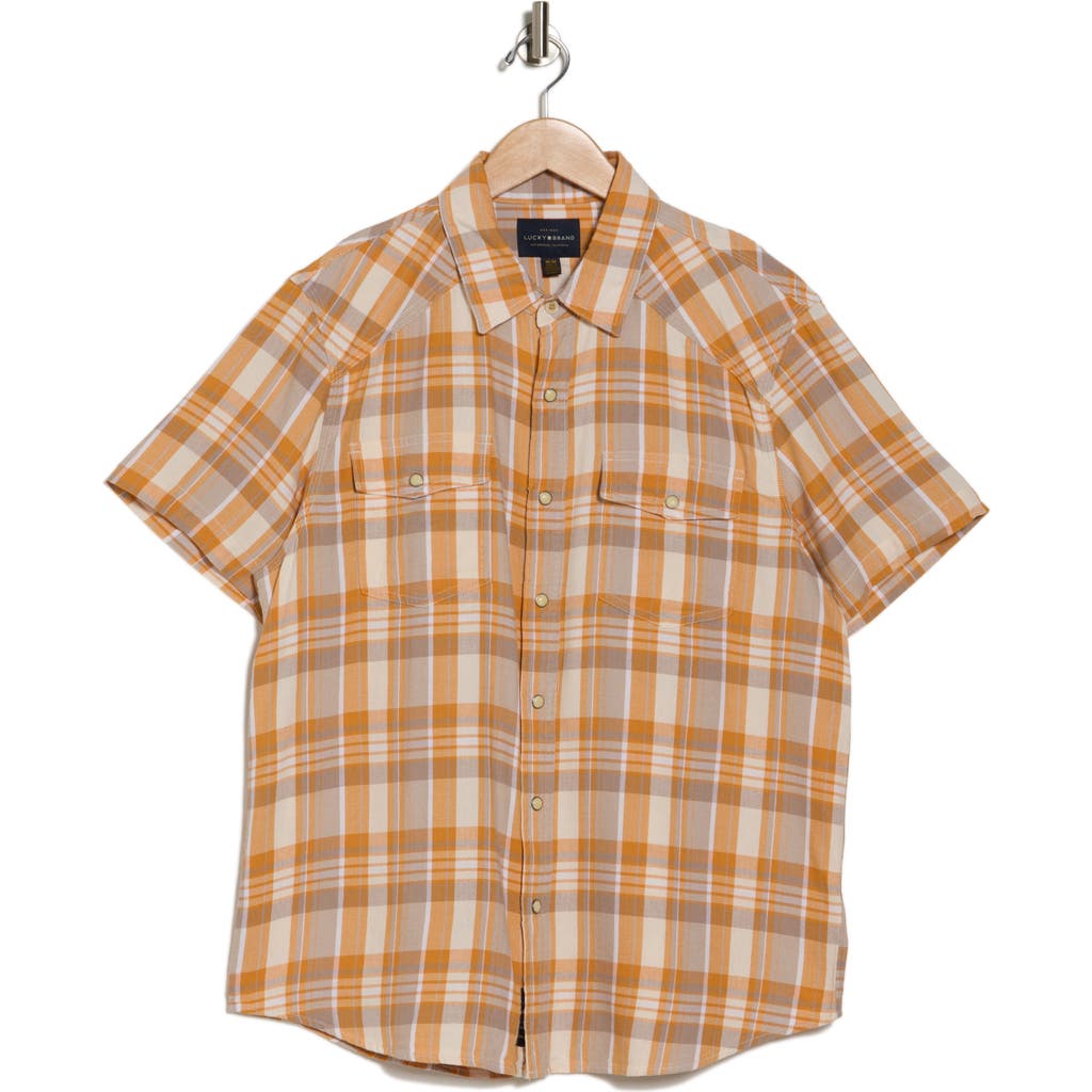 Shop Lucky Brand Western Herringbone Short Sleeve Snap Front Shirt In Orange Plaid