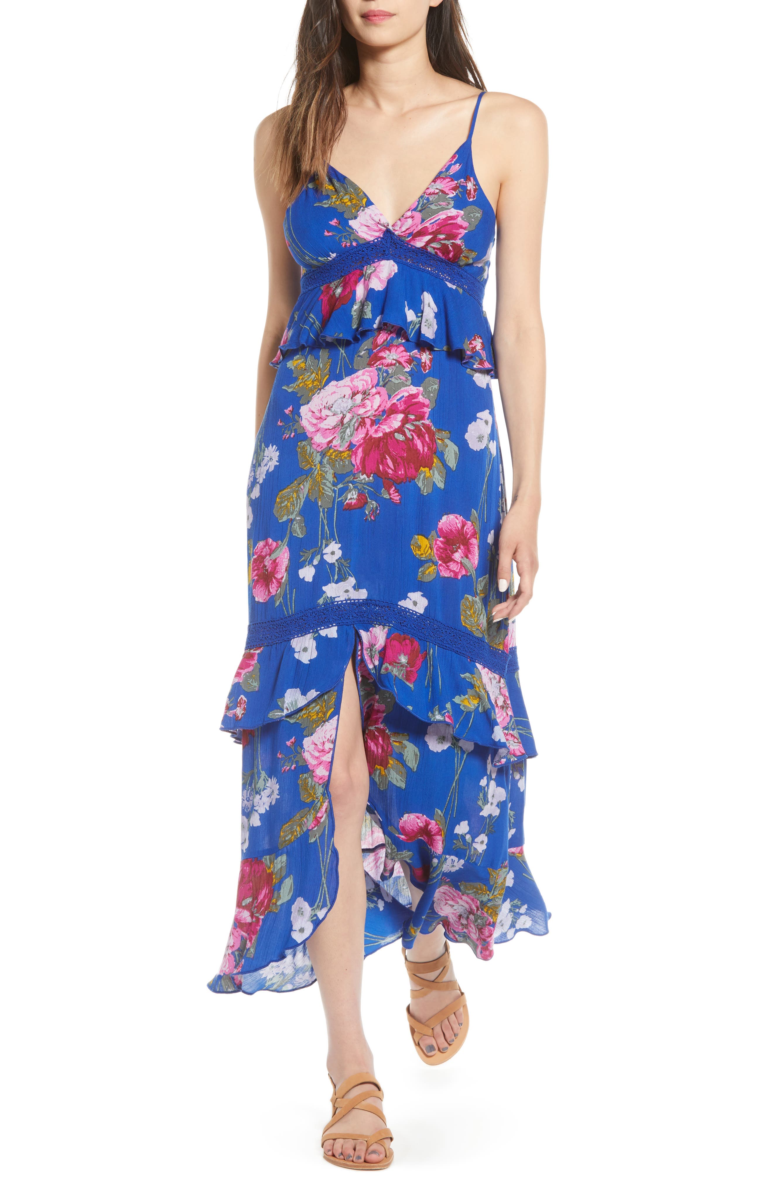 Band Of Gypsies Chloe Ruffle Hem Maxi Dress, Pink
