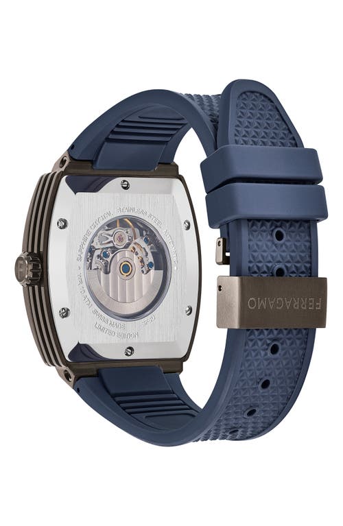 Shop Ferragamo F-80 Tonneau Skeleton Recycled Polyurethane Strap Watch, 42mm In Gunmetal/blue