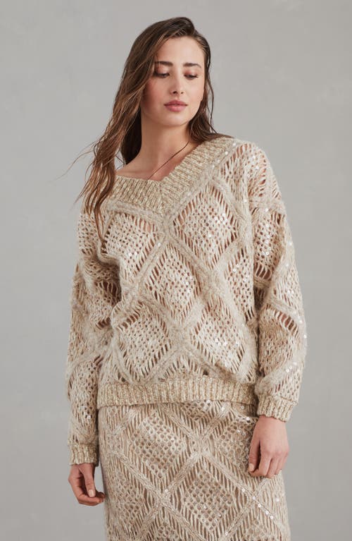 Shop Brunello Cucinelli Wool And Alpaca Sweater With Dazzling Macro Argyle Embroidery In Beige