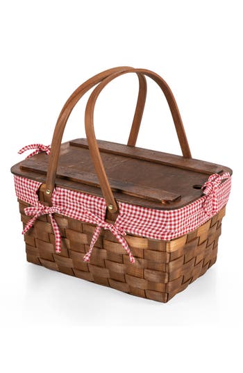 Picnic Time Kansas Handwoven Wooden Picnic Basket In Red