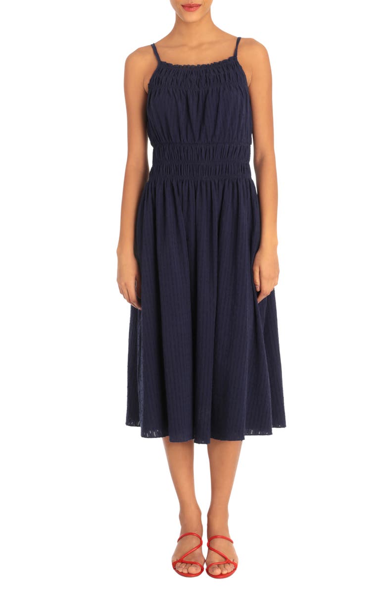 DONNA MORGAN Smocked Front Sleeveless Dress, Main, color, NAVY 14