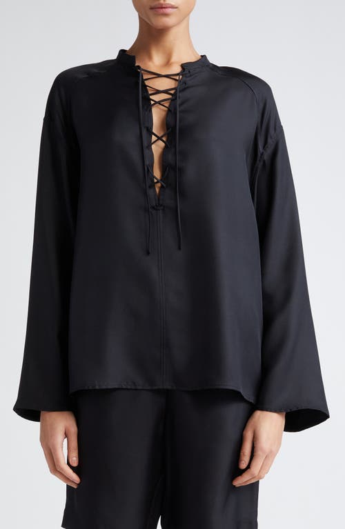 Loulou Studio Zamia Lace-Up Plunge Neck Silk Top Black at Nordstrom,