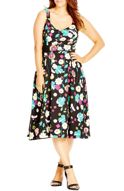 City Chic 'Fresh Floral' Belted Print Sweetheart Neck A-Line Dress at Nordstrom, Size Large