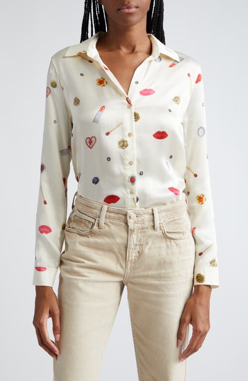 L'AGENCE Tyler Long Sleeve Silk Button-Up Shirt Champagne Multi Heart Jewel at Nordstrom,