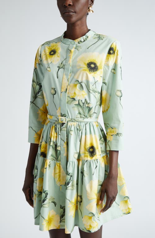 Shop Oscar De La Renta Poppy Print Belted Shirtdress In Sage/yellow