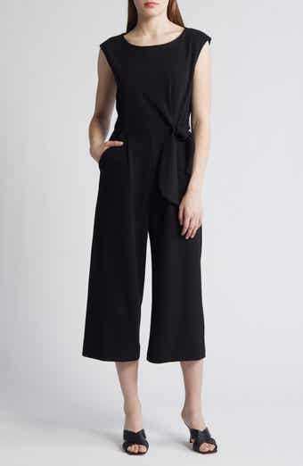 Tara Angel Sleeve Shine Plisse Cropped Leg Jumpsuit - Black