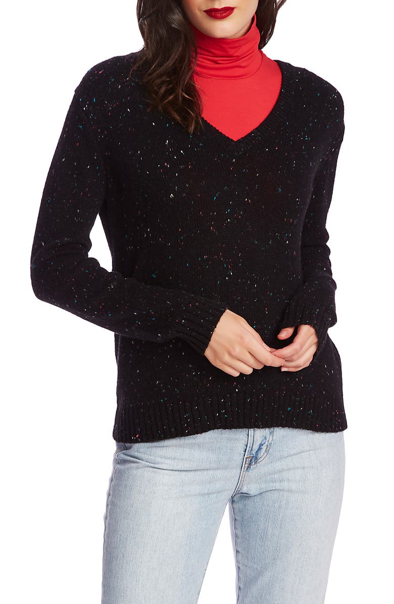 Court & Rowe Nep Flecked V-Neck Sweater, Main, color, Rich Black