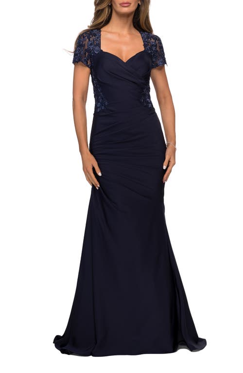 Shop La Femme Satin Evening Dress With Lace And Scoop Neckline In Navy