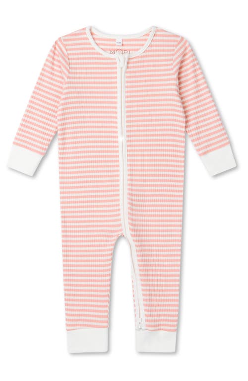 Shop Mori Stripe Rib One-piece Romper In Pink Stripe