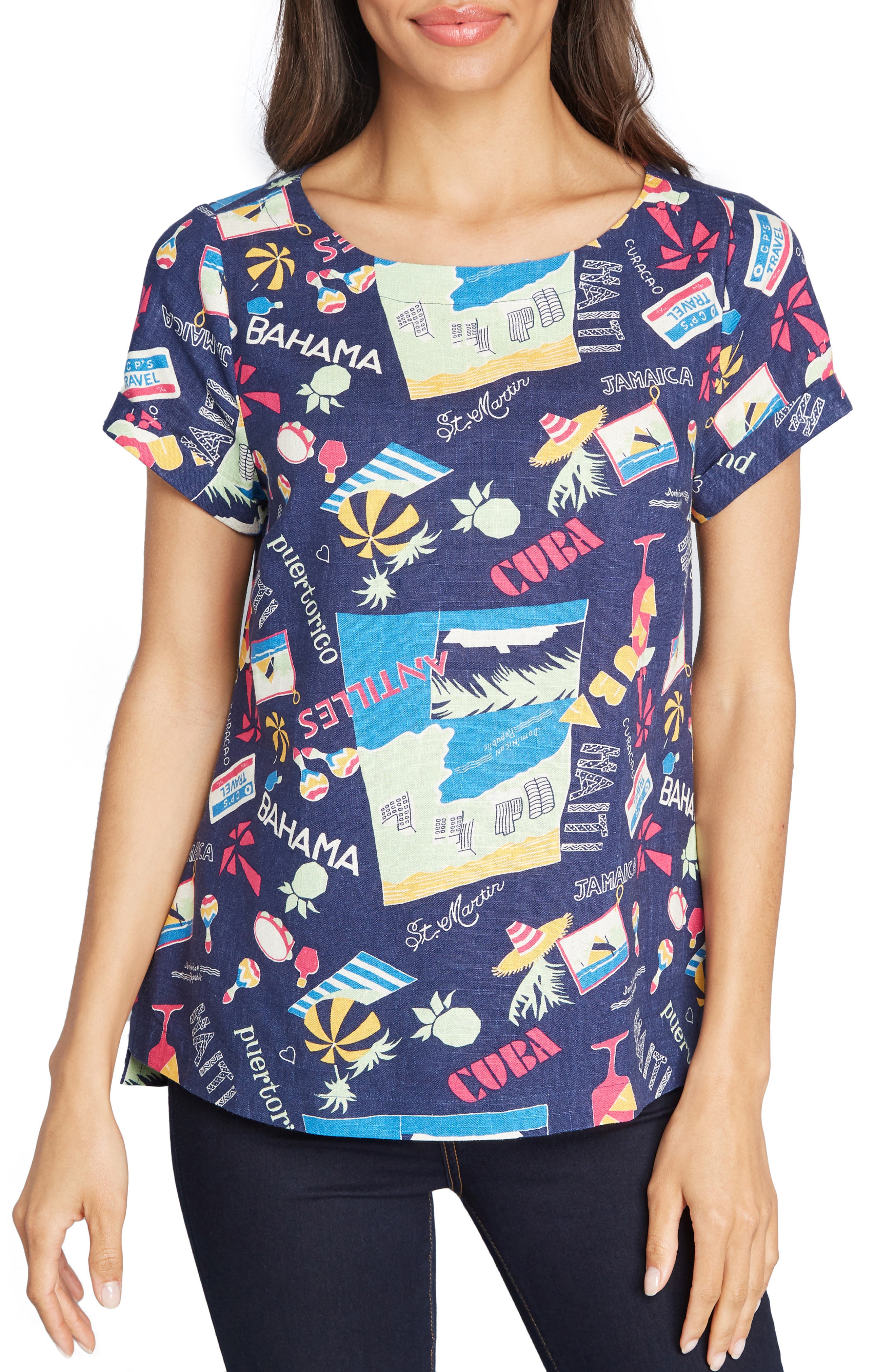 Plus Size Modcloth Delightful Demeanor Travel Print Top, Size - Blue