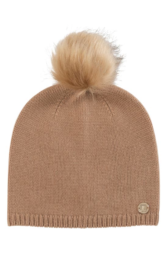 Bruno Magli Wool & Cashmere Blend Knit Beanie With Genuine Shearling Pompom In Camel