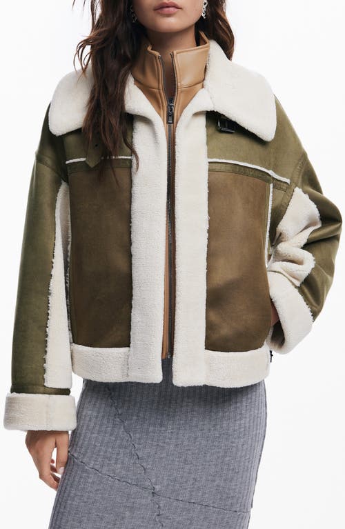 Desigual Edimurgo Faux Shearling Jacket with Faux Leather Bib in Green 