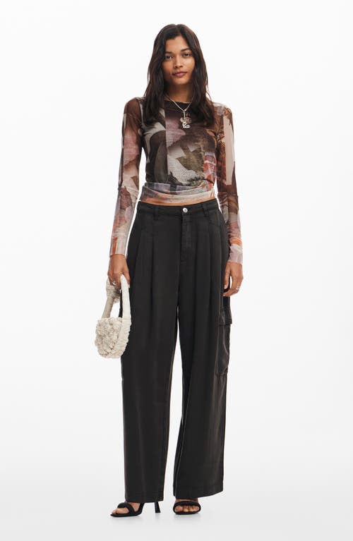 Shop Desigual Wide Leg Pleated Cargo Pants In Black