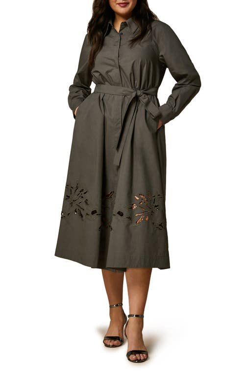 Embroidered Belted Long Sleeve Cotton Poplin Shirtdress in Khaki