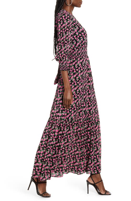 Shop Wayf Floral Print Smocked Waist Maxi Dress In Black Roses Clip