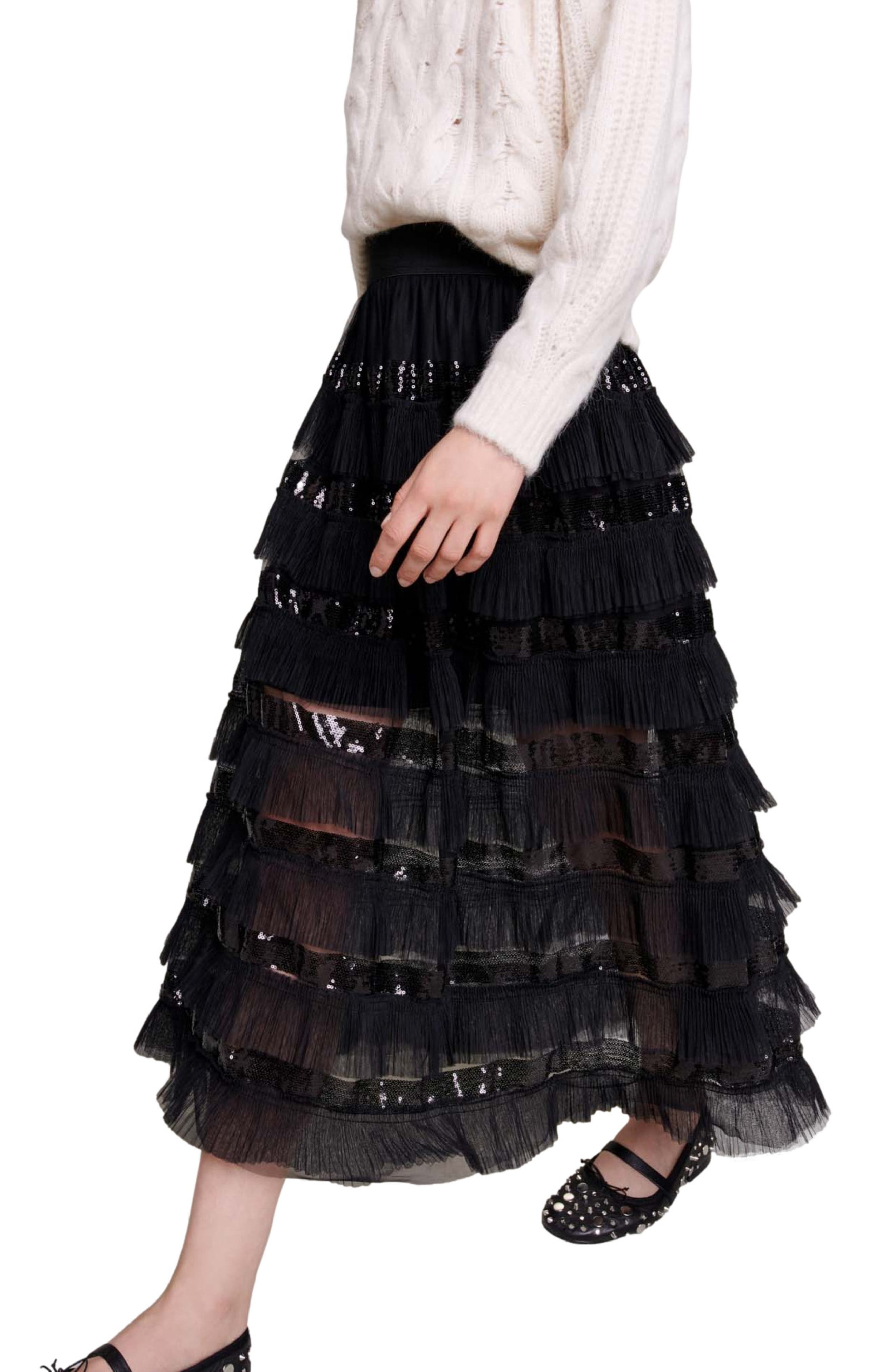 maje Sequin Ruffle Maxi Skirt in Black Smart Closet