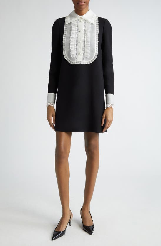 Shop Dolce & Gabbana Dolce&gabbana Lace Bib Long Sleeve Wool Blend Minidress In N0000 Nero