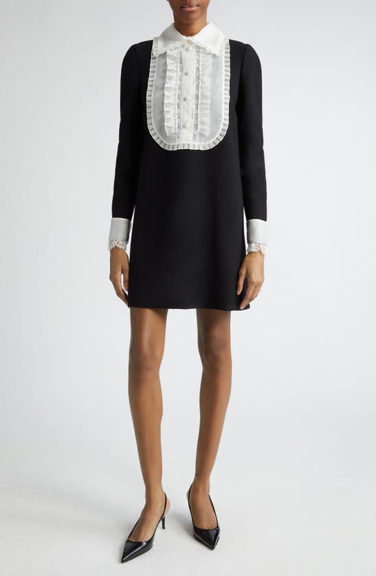 Shop Dolce & Gabbana Lace Bib Long Sleeve Wool Blend Minidress In N0000 Nero