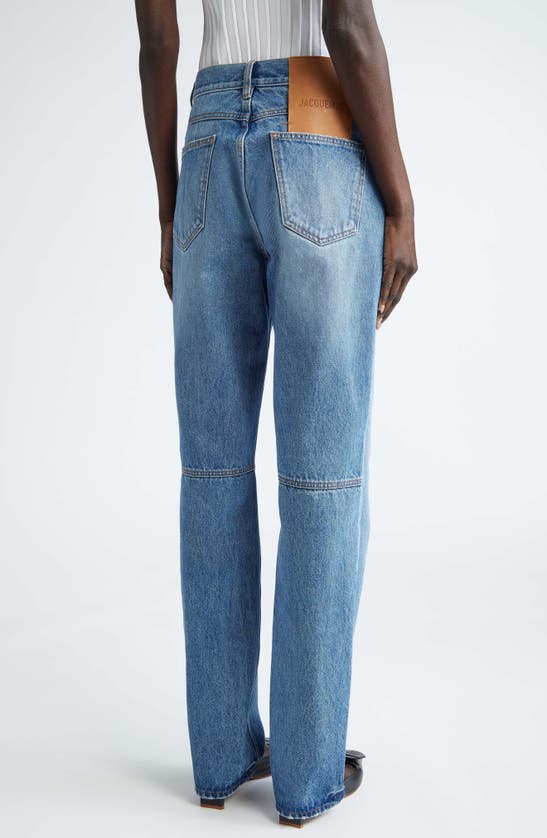 Jacquemus Wide Leg High Rise Jeans With Contrast Stitching In Blue/tabac 33c