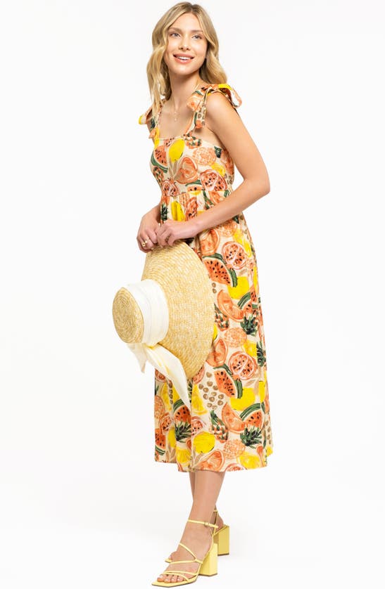 August Sky Fruit Print Tie Strap Midi Sundress In Ivory Multi
