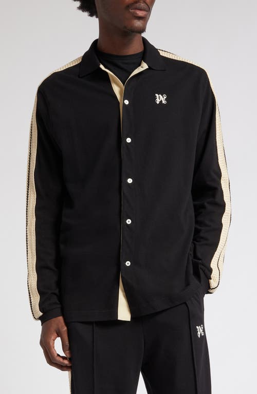 Palm Angels Monogram Linen Button-Up Polo Track Shirt in Black Off