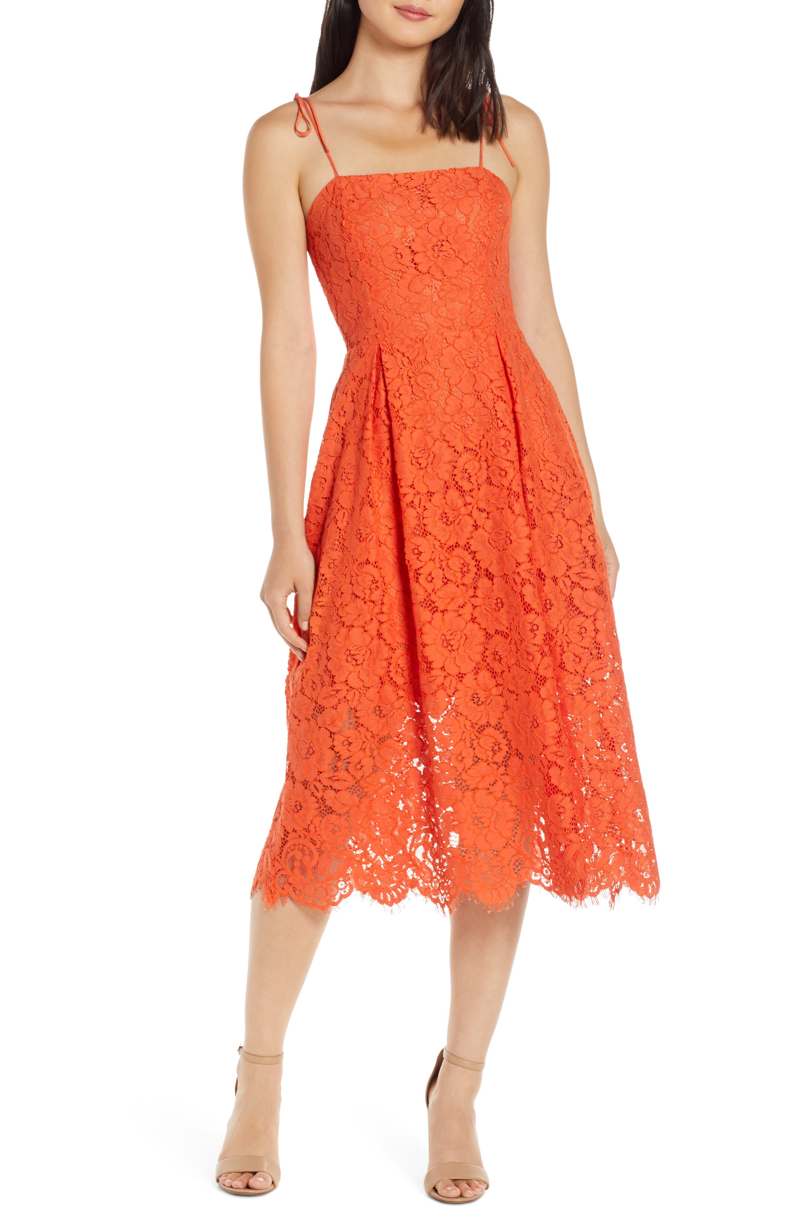 Charles Henry Tie Strap Lace Midi Dress, Orange