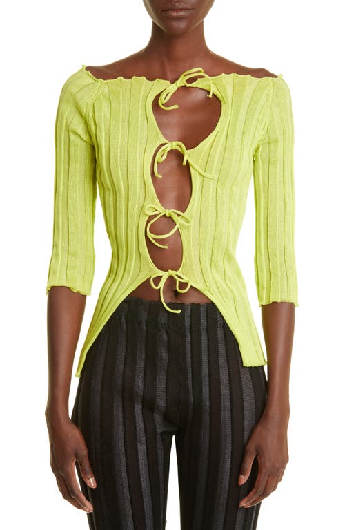 A. Roege Hove Ara Ribbed Off the Shoulder Cotton Blend Cardigan in Lime