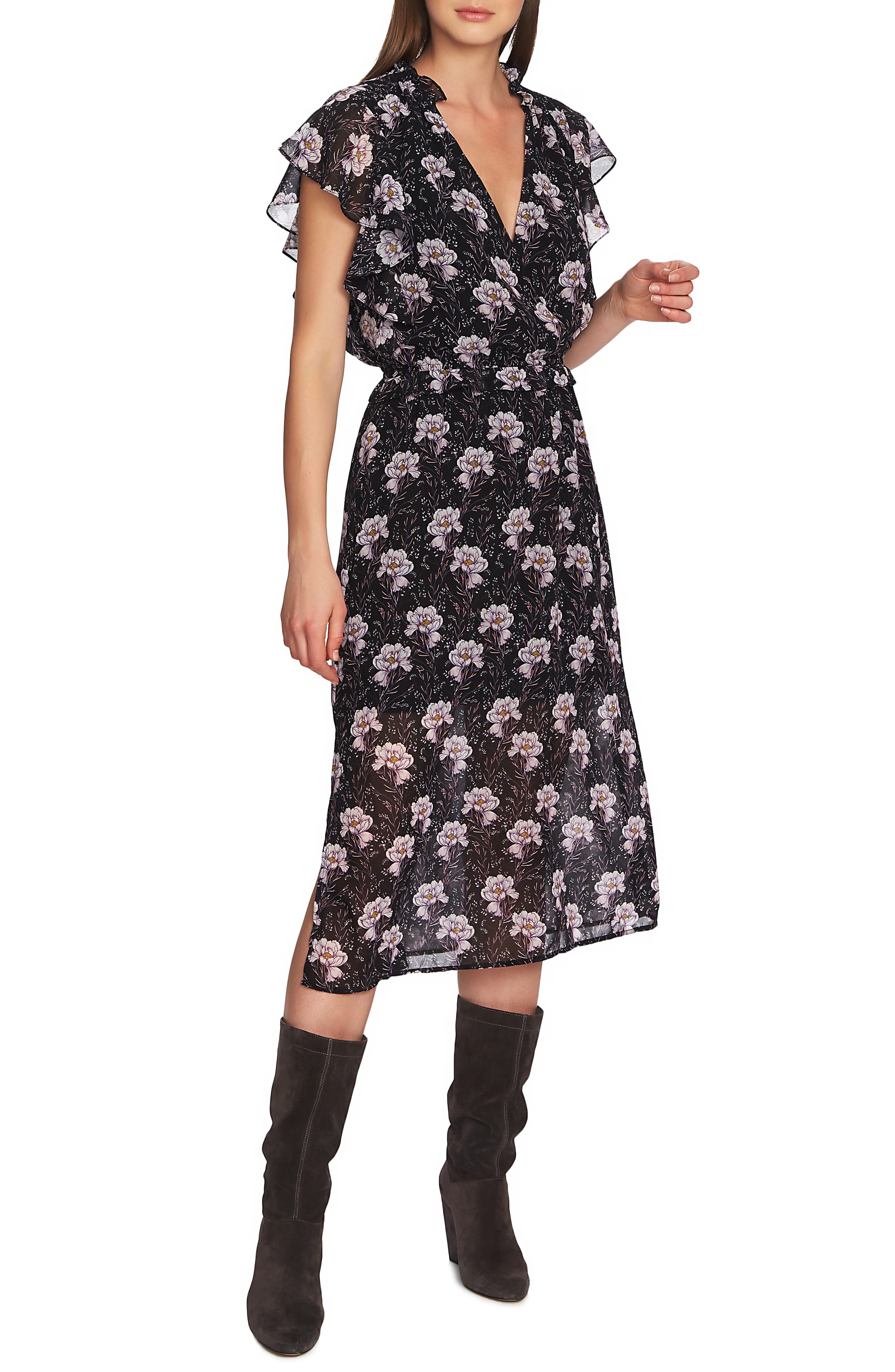 1.state Bloomsbury Floral Ruffle Sleeve Midi Dress, Black