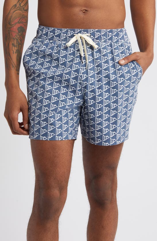 Shop Fair Harbor The Bungalow Leaf Print Swim Trunks In Navy Windy Flags