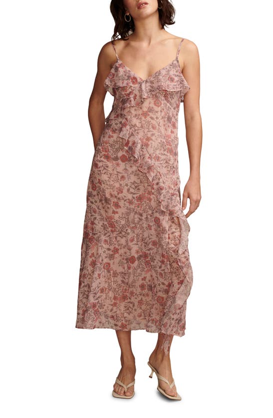 Lucky Brand Floral Metallic Stripe Ruffle Midi Dress In Rose Multi