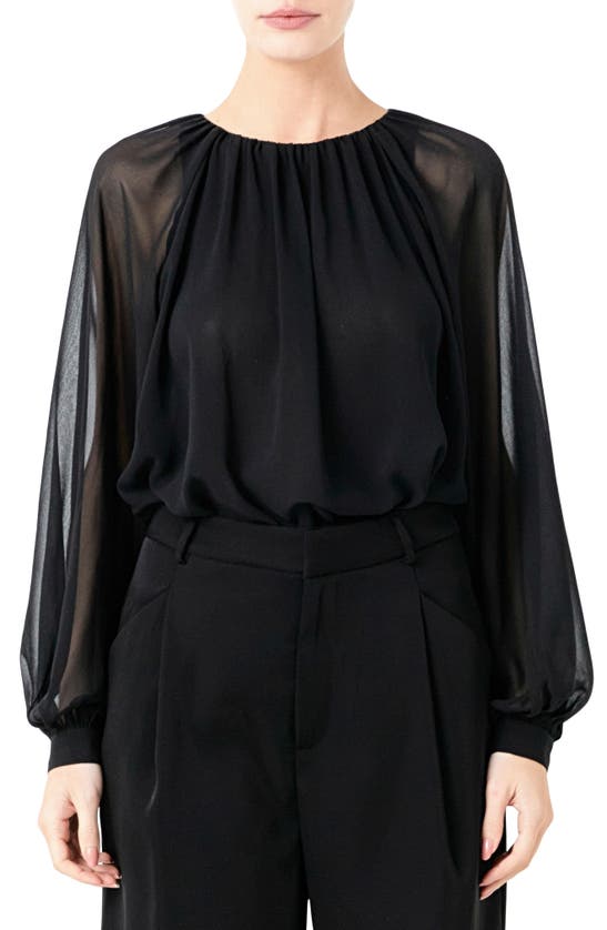 Shop Endless Rose Sheer Sleeve Blouson Bodysuit In Black