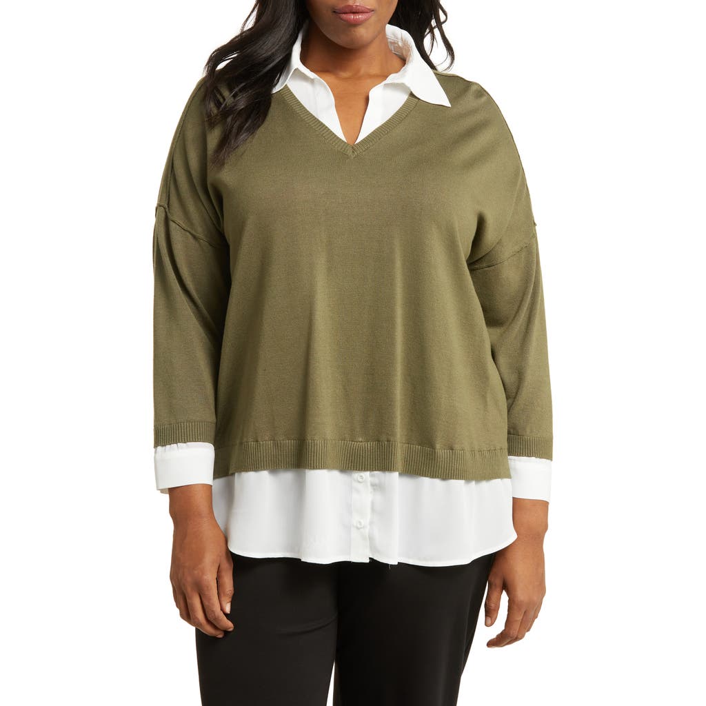 Adrianna Papell Twofer Pullover Sweater In Green