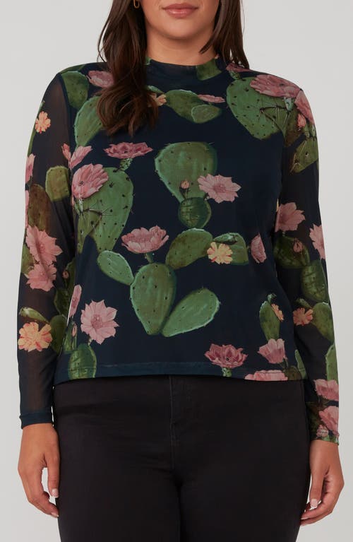 Estelle Mezzanine Cactus Print Mesh Top In Blue Print