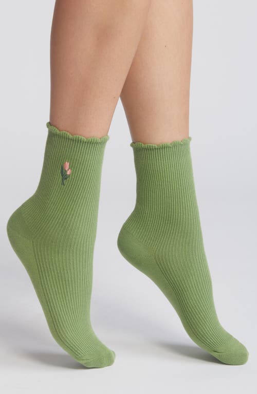 Embroidered Cotton Crew Socks in Sage