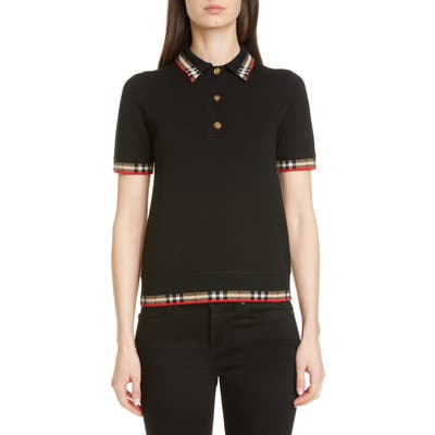 Burberry Lola Check Trim Merino Wool Blend Polo Sweater, Black