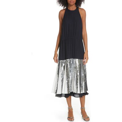 Tibi Claude Sequin Layered Silk Midi Dress, Blue