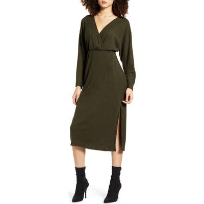 All In Favor Ribbed Long Sleeve Midi Sweater Dress, Green