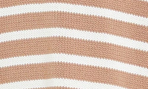 Shop English Factory Stripe Pleated Long Sleeve Mixed Media Sweater Dress In Tan/ivory