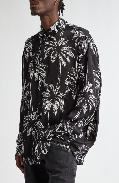 Shop Balmain Palm Print Satin Button-up Shirt In Black/white