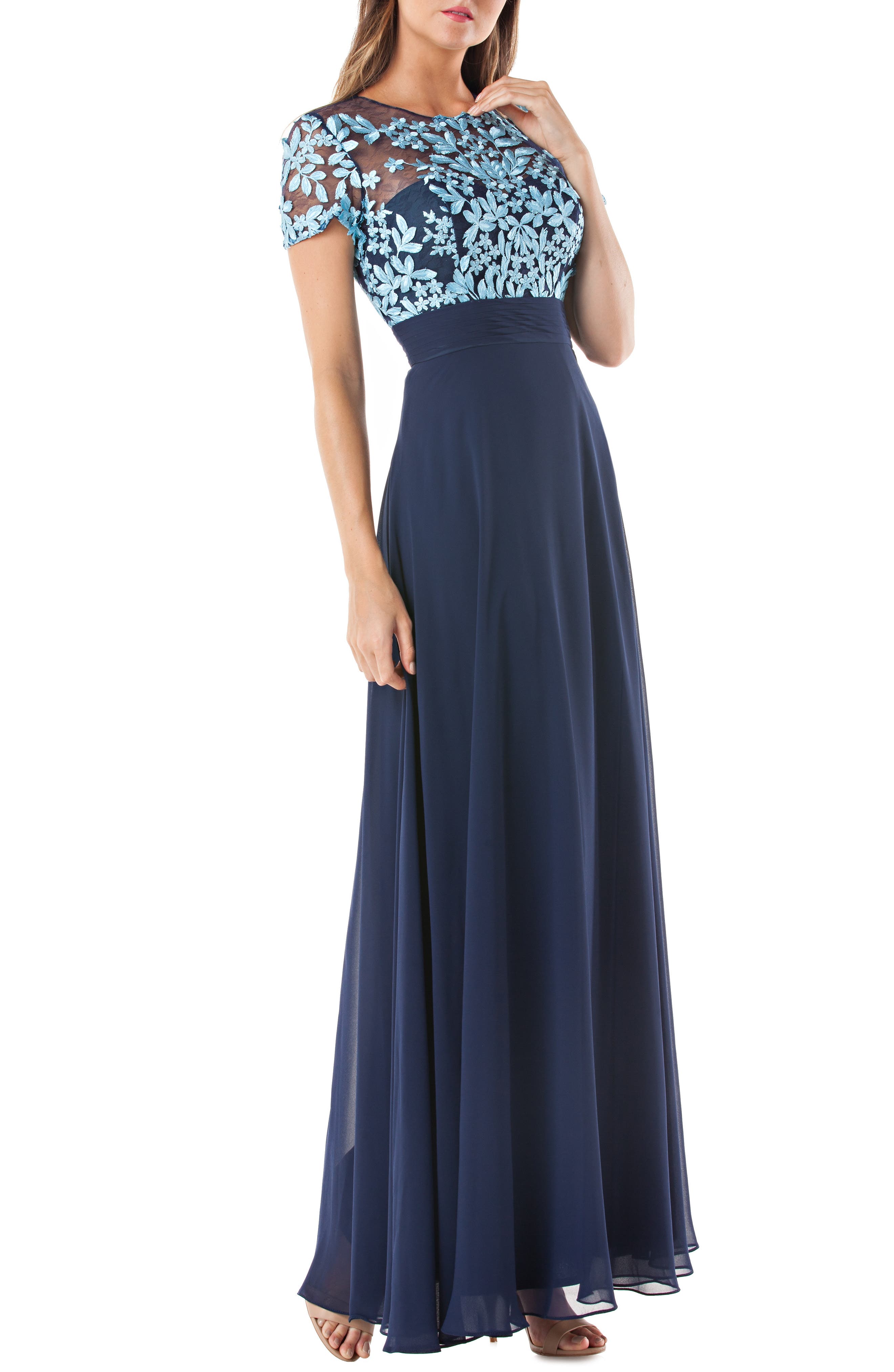 Js Collections Embroidered Illusion Bodice Gown, Blue