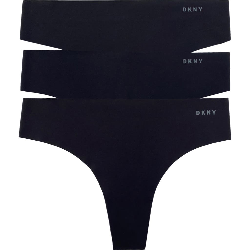 Dkny Litewear Cut Anywhere 3-pack Thongs In Black/black/black