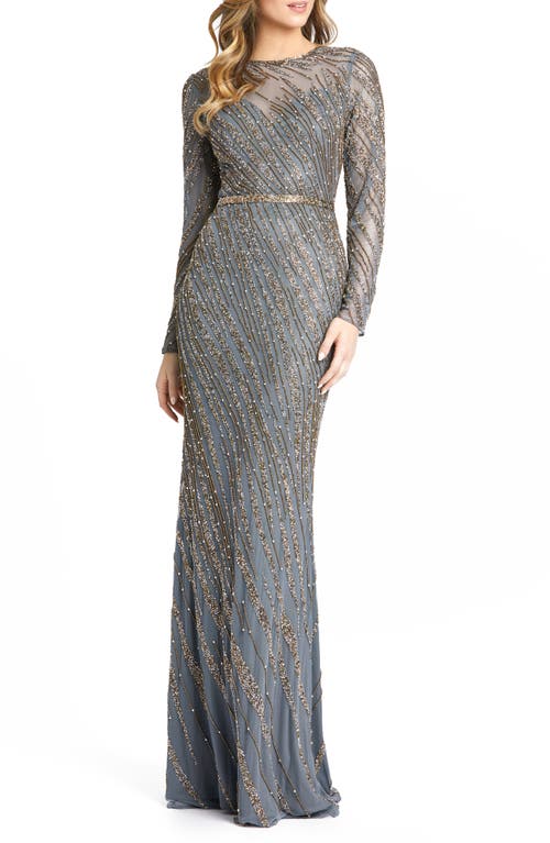 Mac Duggal Beaded Long Sleeve Tulle Column Gown in Platinum