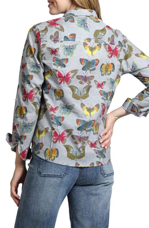 Shop Apny Butterfly Print Poplin Button-up Shirt In Grey Multi