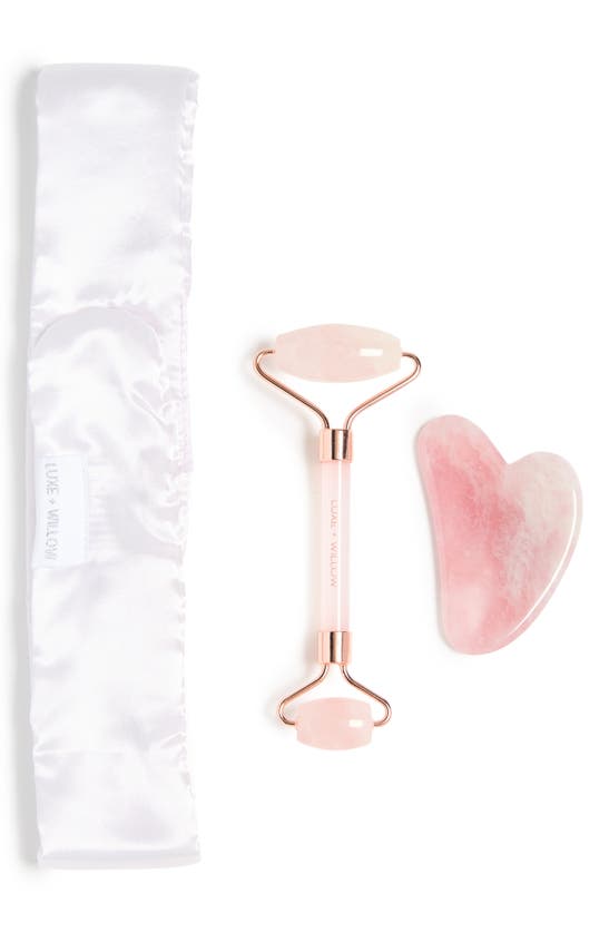 Luxe And Willow Rose Quartz Roller, Gua Sha, & Headband Set In Pink