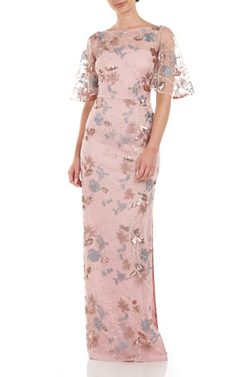 Daphne Embroidered Sequin Column Gown in Blush Multi
